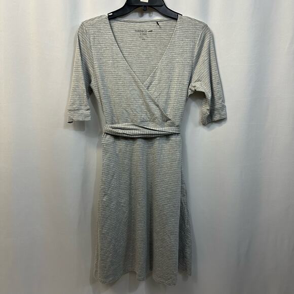 Toad & Co Gray Striped V- Neck Short Sleeve Pockets Knee Length Belted Dress XS - Picture 1 of 6